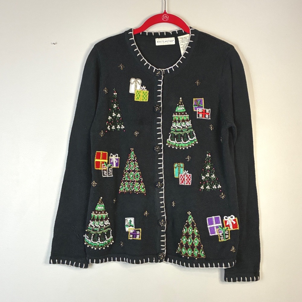 Vintage White‎ Stag Womens Christmas Sweater Cardigan Black Beaded Sequins Small